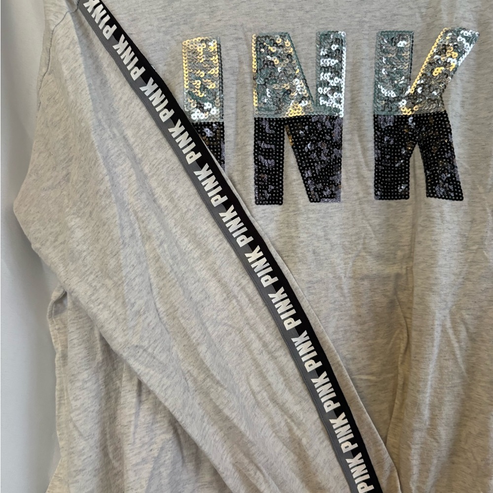 PINK Victoria's Secret Kids Long Sleeve Sequin Tee - Light Gray - Picture 3 of 4